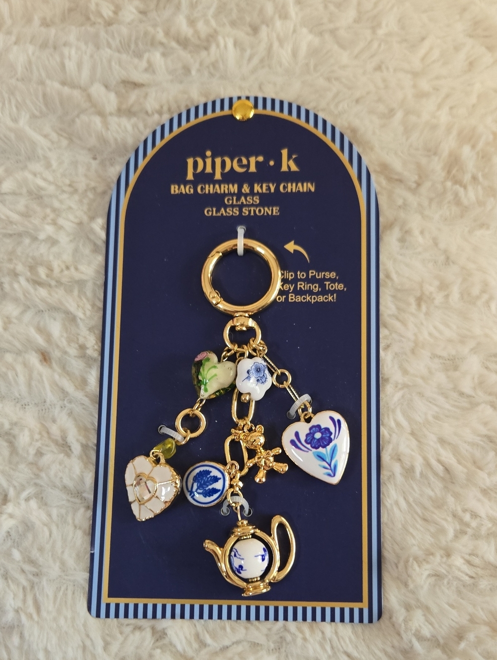 Piper Gold & Blue Floral Glass Bag Charm Key Chain